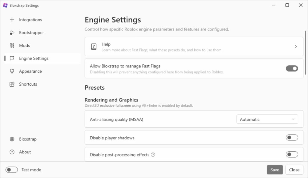 Bloxstrap Settings showing Engine settings with FastFlags and graphics presets