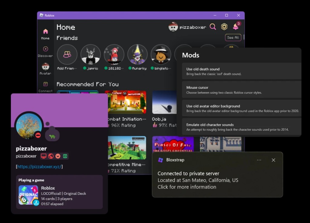 Bloxstrap in-client view with overlays for mods, profile activity, and server location