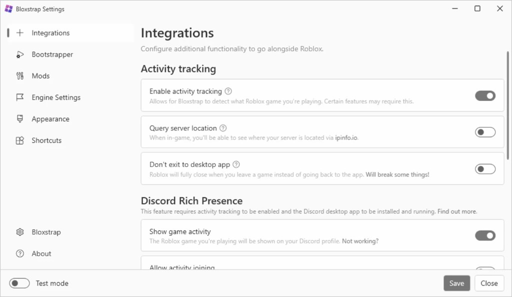Bloxstrap Settings showing Integrations with activity tracking and Discord Rich Presence