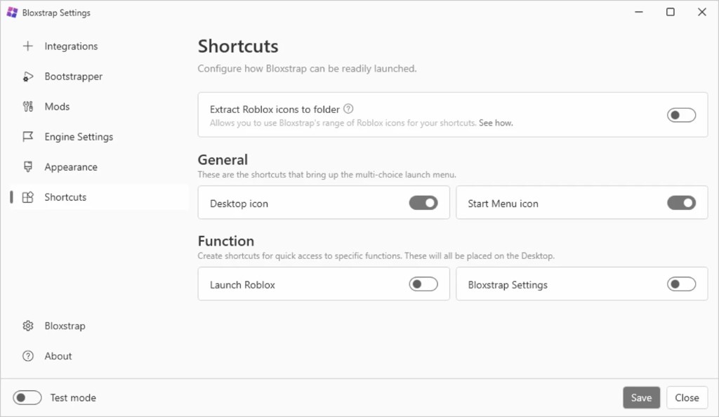 Bloxstrap Settings showing Shortcuts for desktop and Start menu launch options