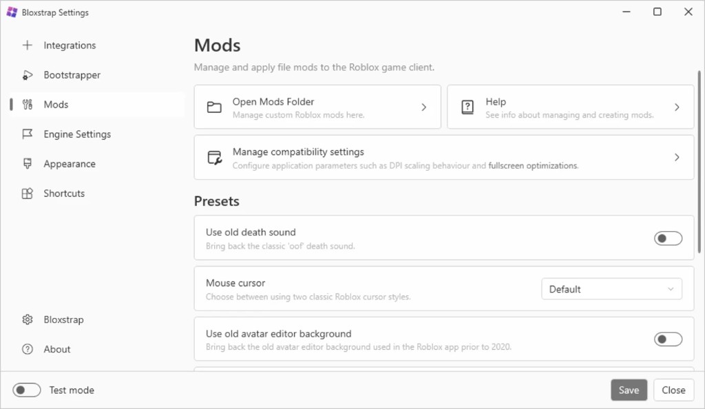 Bloxstrap Settings showing Mods folder shortcuts and presets